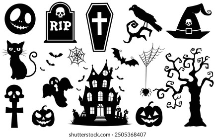 Colección de siluetas de Halloween. Casa embrujada, árbol espeluznante, cráneo, luna, gato negro, calabazas, fantasma de halloween, tapa del ataúd, etc.