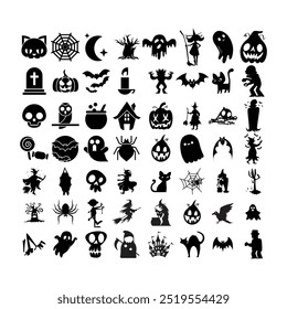 Collection of Halloween silhouettes, Haunted house, creepy tree, flying witch, pumpkins, halloween ghost,