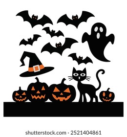 Collection of Halloween silhouettes. Haunted house, creepy tree, flying witch, pumpkins, halloween ghost, owl, coffin lid etc