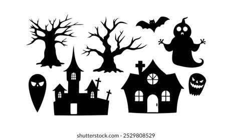 Collection of Halloween silhouettes. Haunted house, creepy tree, flying witch, pumpkins, halloween ghost, owl, coffin lid etc 