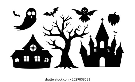 Collection of Halloween silhouettes. Haunted house, creepy tree, flying witch, pumpkins, halloween ghost, owl, coffin lid etc 