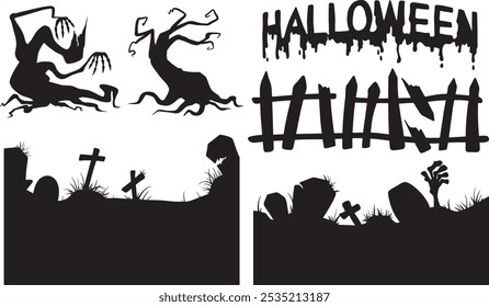 Collection of Halloween silhouettes. Haunted house, creepy tree, flying witch, pumpkins, halloween ghost, owl, coffin lid etc