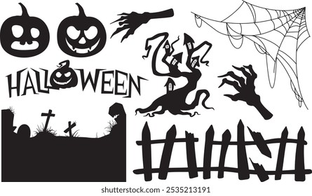 Collection of Halloween silhouettes. Haunted house, creepy tree, flying witch, pumpkins, halloween ghost, owl, coffin lid etc