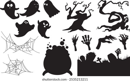 Colección de siluetas de Halloween. Casa embrujada, árbol espeluznante, bruja voladora, calabazas, fantasma de halloween, búho, tapa del ataúd, etc