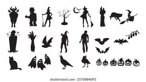 Collection of Halloween silhouettes. Haunted house, creepy tree, flying witch, pumpkins, halloween ghost, owl, coffin lid etc