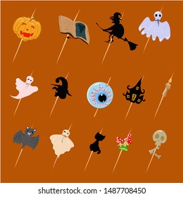 Collection of halloween silhouettes icon and character on a violet background,on skewers.