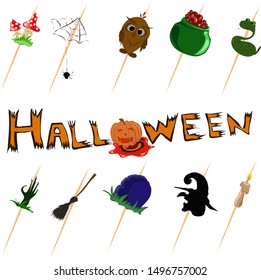 Collection of halloween silhouettes icon and character on a white background.