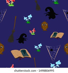 Collection of halloween silhouettes icon and character. Seamless pattern.