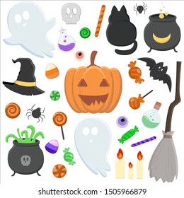 Collection of halloween silhouettes icon and character., witch, creepy and spooky elements for halloween decorations, silhouettes, sketch, icon, sticker. Hand drawn vector illustration