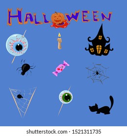Collection of halloween silhouettes icon and character on a blue background.