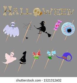 Collection of halloween silhouettes icon and character on a gray background.