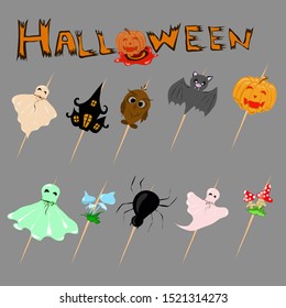 Collection of halloween silhouettes icon and character on a gray background.