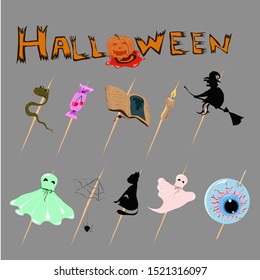 Collection of halloween silhouettes icon and character on a gray background.