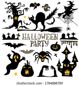 Collection of halloween silhouettes icon and character.
