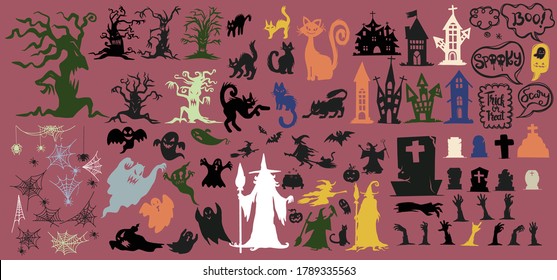 Collection of halloween silhouettes icon and character.