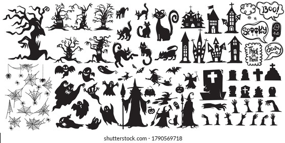 Collection of halloween silhouettes icon and character.