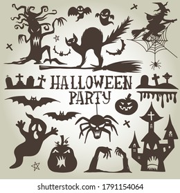 Collection of halloween silhouettes icon and character.