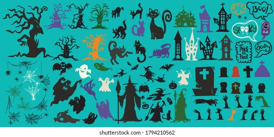 Collection of halloween silhouettes icon and character.