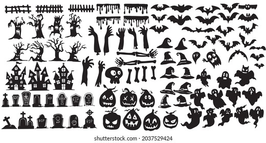 Collection of halloween silhouettes icon and character, elements for halloween decorations Premium Vector