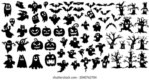Collection of halloween silhouettes icon and character, elements for halloween decorations Premium Vector