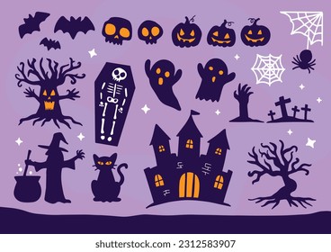 Collection of halloween silhouettes icon and character.
