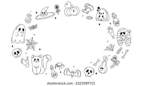 Collection of halloween silhouettes icon and character, set of elements for halloween, doodles set halloween, mystical set, trick or treat, line art illustrations