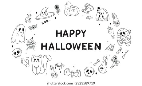 Collection of halloween silhouettes icon and character, set of elements for halloween, doodles set halloween, mystical set, trick or treat, line art illustrations