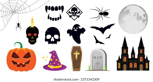 Collection of halloween silhouettes icon and character Full moon spider skull pumpkin hat grave castle cofin teeth spider web vector illustration