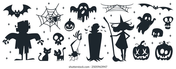 Collection of halloween silhouettes icon and character., witch, creepy and spooky elements for halloween decorations, silhouettes, sketch, icon, sticker. Hand drawn vector illustration