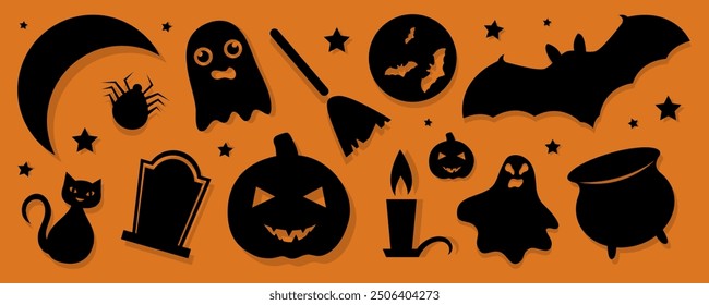 Collection of halloween silhouettes icon and character., witch, creepy and spooky elements for halloween decorations, silhouettes, sketch, icon, sticker. Hand drawn vector illustration
