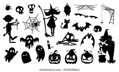 Colección de siluetas de halloween icono y personaje., bruja, espeluznante y Elementos espeluznantes para decoraciones de halloween, siluetas, boceto, icono, pegatina. Ilustración vectorial dibujada a mano