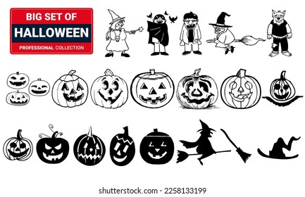 Collection of halloween silhouettes icons and characters. 3D Illustration