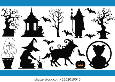 Collection of Halloween silhouettes icons and characters, elements for Halloween decorations Premium Vector