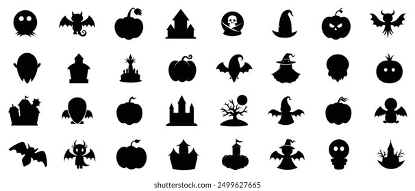 Collection of Halloween silhouettes. Set of halloween silhouettes black icon and character. Vector illustration. 