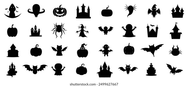 Collection of Halloween silhouettes. Set of halloween silhouettes black icon and character. Vector illustration. 