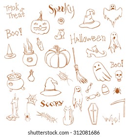 Collection of Halloween sketches and letters hand drawn with brown marker pen on white background