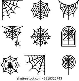 A collection of Halloween spider web outline icons featuring cobwebs, spiders, insects, window webs, and decorative web designs. Perfect for Halloween decorations, party invitations, stickers, web graphics, printable crafts, and seasonal vector projects.