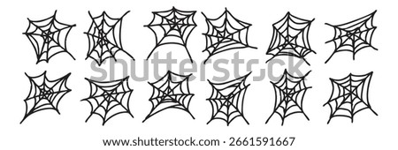 Collection of Halloween spider webs isolated on white background. Set of spooky cobwebs for building atmosphere and used as assets. Vector illustration of spiderweb webbing of strings. EPS 10. 