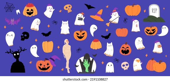 Collection of Halloween spooky characters and stuff. Helloween bundle with pumpkin, hat, ghosts for October party. Childish Halloween set. Flat vector illustration