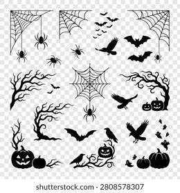 Collection of Halloween spooky elements, spiderwebs, bats, crows, pumpkins, and trees, vector silhouette set.
