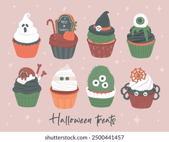 Collection of Halloween spooky sweet cupcake vector illustration