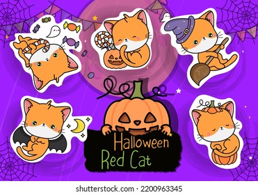 Collection of Halloween Stickers. Collection of Halloween Cat Clipart Illustration. Adorable Clip Art Halloween Kitten. Set of Five Animals Vector Illustrations, for Halloween Stickers
