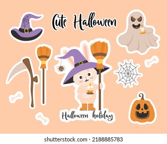 Collection of Halloween stickers. Cute bunny character in witch hat with broom and candle, pumpkin lantern jack, cobweb, ghost, witch hat, scythe and broom. Isolated vector elements for decor, design