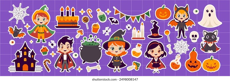 A collection of Halloween stickers featuring various characters and objects such as witches, pumpkins, and ghosts