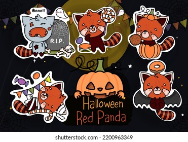 Collection of Halloween Stickers. Collection of Kawaii Clipart Halloween Red Panda Illustration. Funny Kawaii Halloween Red Panda. Set of Five Animals Vector Illustrations, for Halloween Stickers
