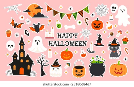 A collection of Halloween stickers with a pink background. The stickers include a pumpkin, a cat, a witch, a ghost, a skeleton, a bat, a candle, and a skull