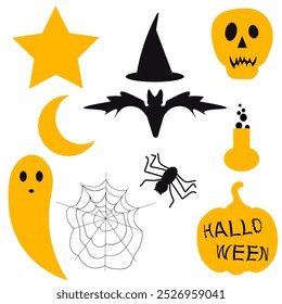 Coleção de adesivos de Halloween com abóbora, chapéu de bruxo, aranha