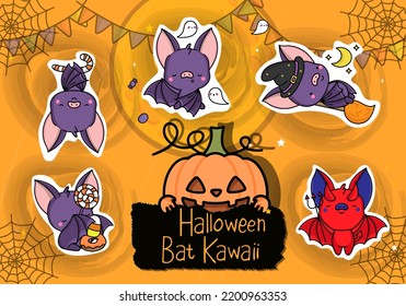 Collection of Halloween Stickers. Set of Clipart Halloween Bat Illustrations. Cute Clip Art Halloween Bat. Set of Five Animals Vector Illustrations, for Halloween Stickers
