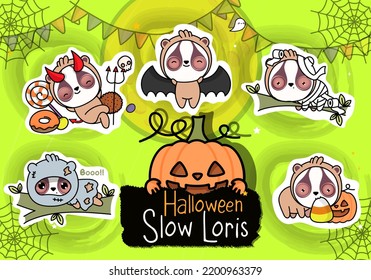 Collection of Halloween Stickers. Set of Set Clipart Halloween Slow Loris Illustration. Kawaii Clip Art Halloween Lemur. Set of Five Animals Vector Illustrations, for Halloween Stickers
