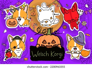 Collection of Halloween Stickers. Set of Cute Halloween Corgi Dog Clipart Illustration. Funny Clip Art Halloween Puppy. Set of Five Animals Vector Illustrations, for Halloween Stickers

